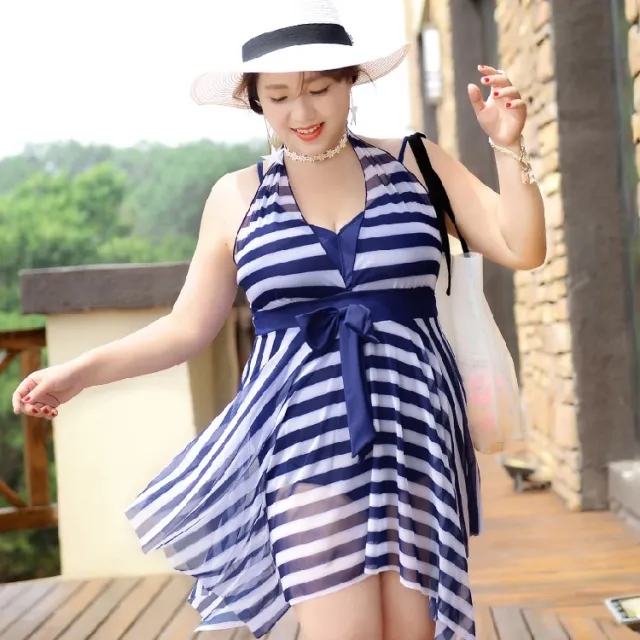 Striped large skirt swimsuit Blue - Shop at LoveMi