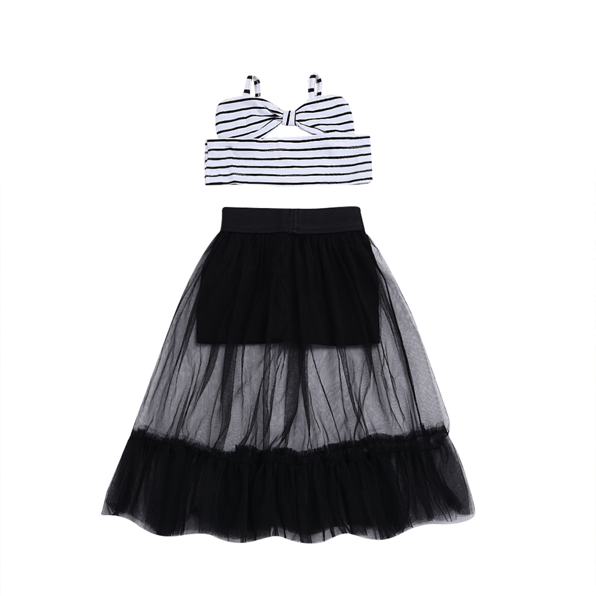 Stripe bow top + mesh skirt two-piece set