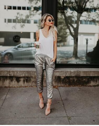 All-match sequined elastic waist tie pants
