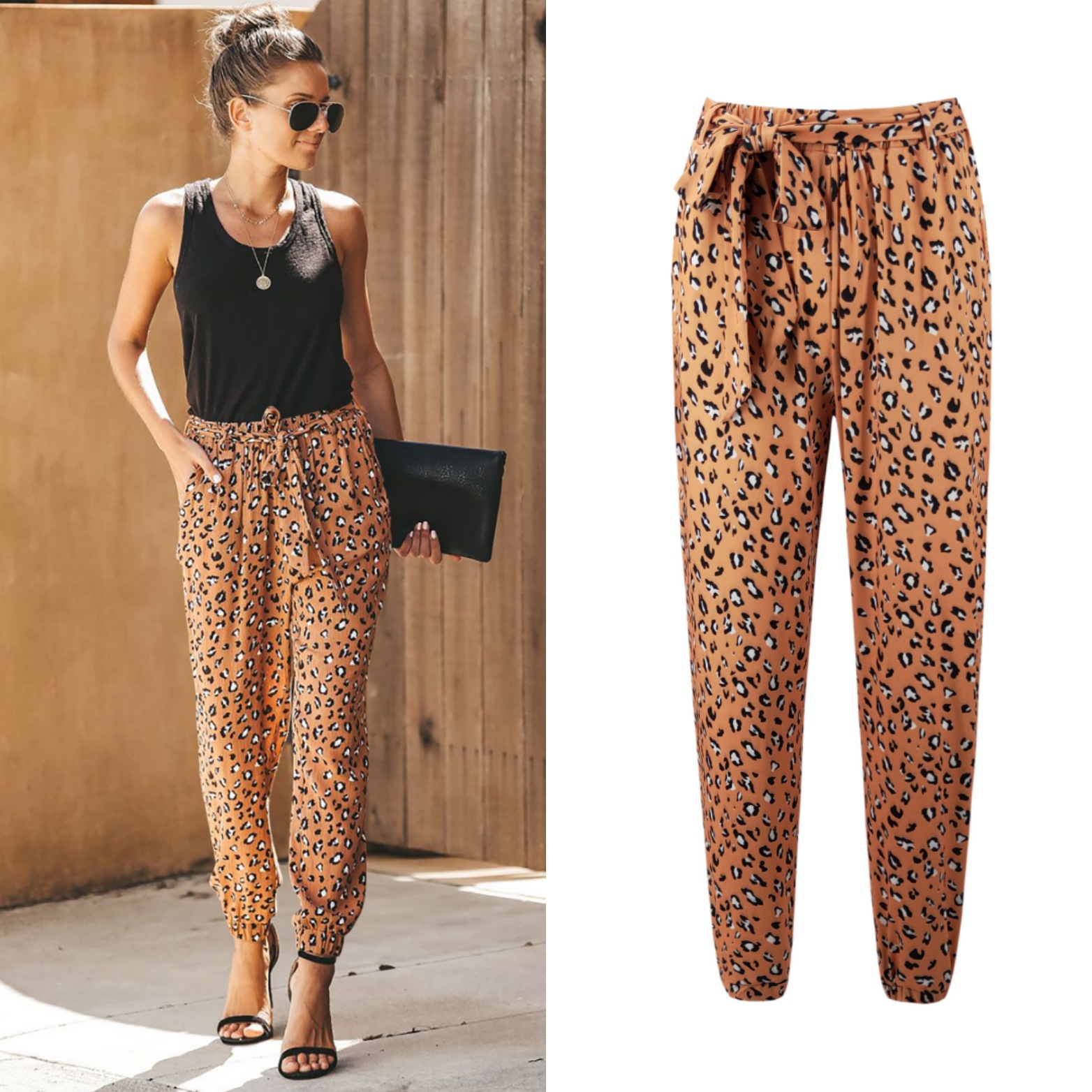 Leopard print loose lace-up slacks