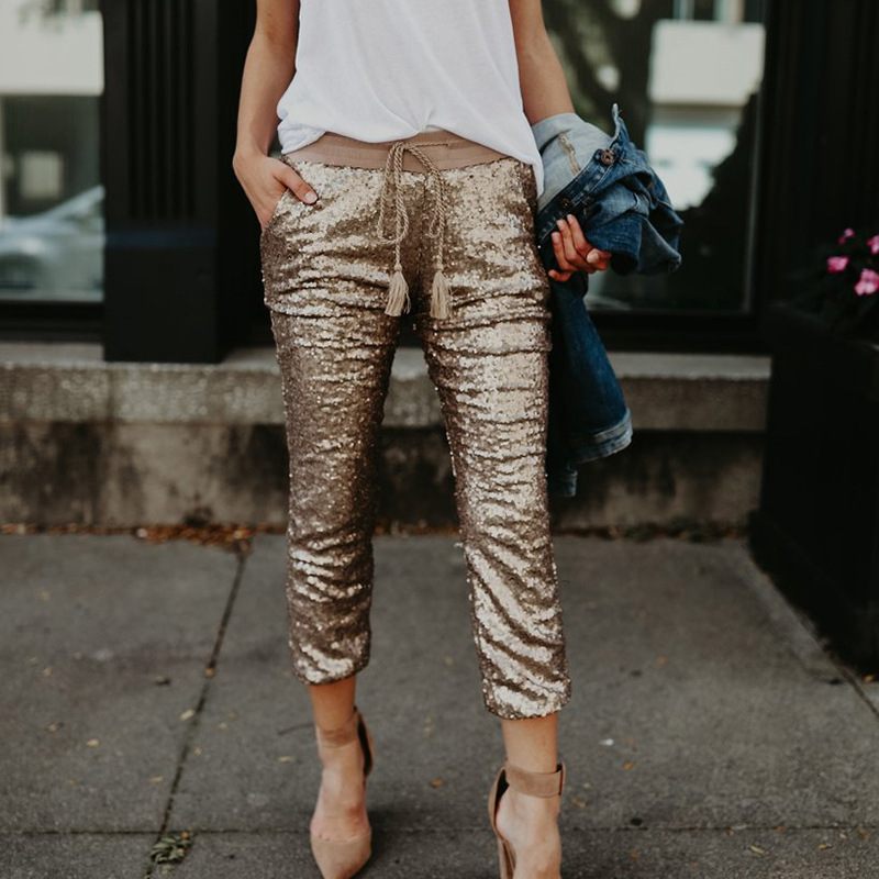 All match sequined elastic waist tie pants Gold - Shop at LoveMi