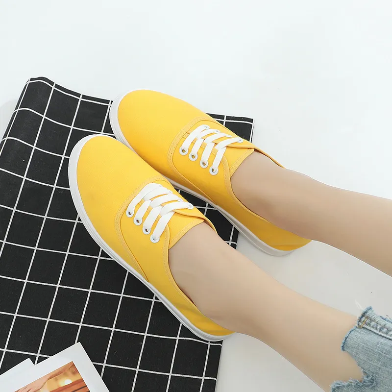 Lace-up canvas shoes wild Korean white student shoes - Yellow