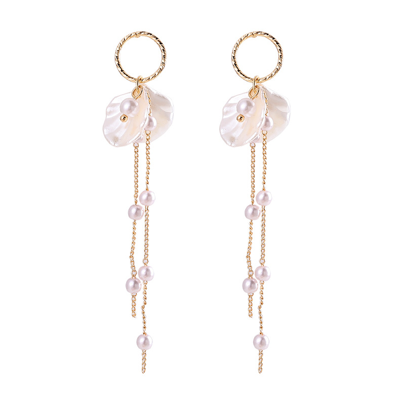 Pearl Petal Long Fringe Stud Earrings