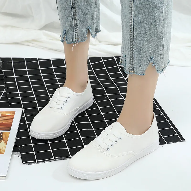Lace-up canvas shoes wild Korean white student shoes - White