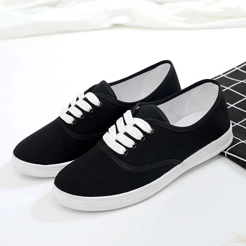 Lace-up canvas shoes wild Korean white student shoes - Black