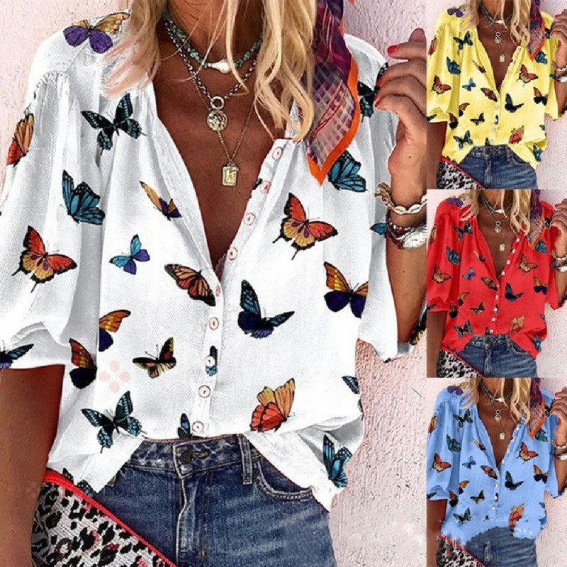 Women's butterfly print short sleeve shirt