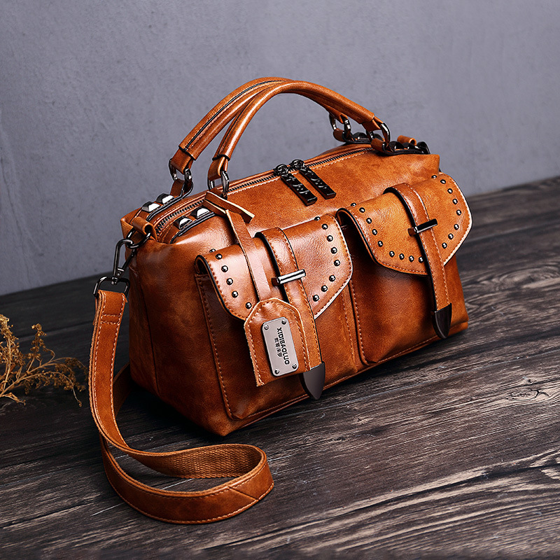 Retro new style oil wax leather handbag Brown - Shop at LoveMi