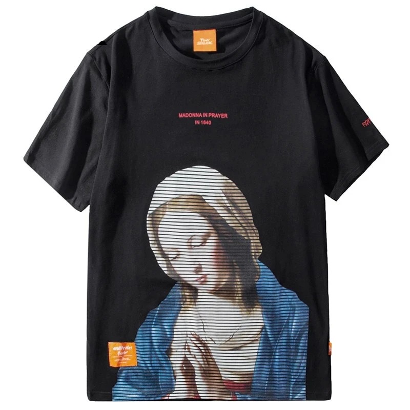 Pray girl oil painting printed short sleeve