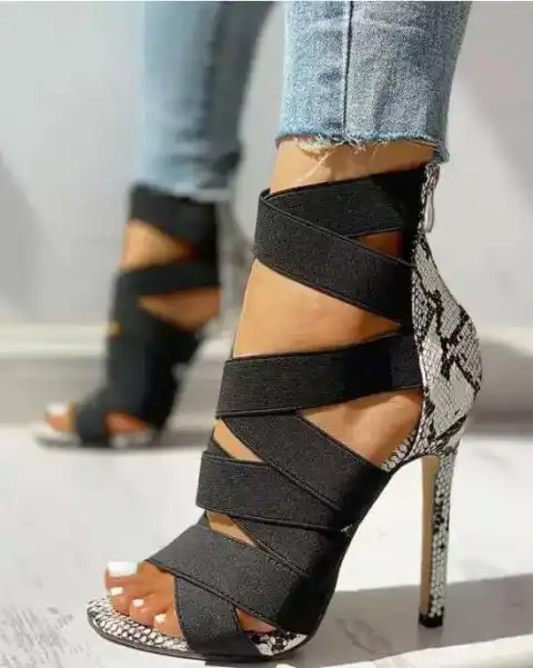 High Heels with Cross Ties Snake Pattern Thin Sandals