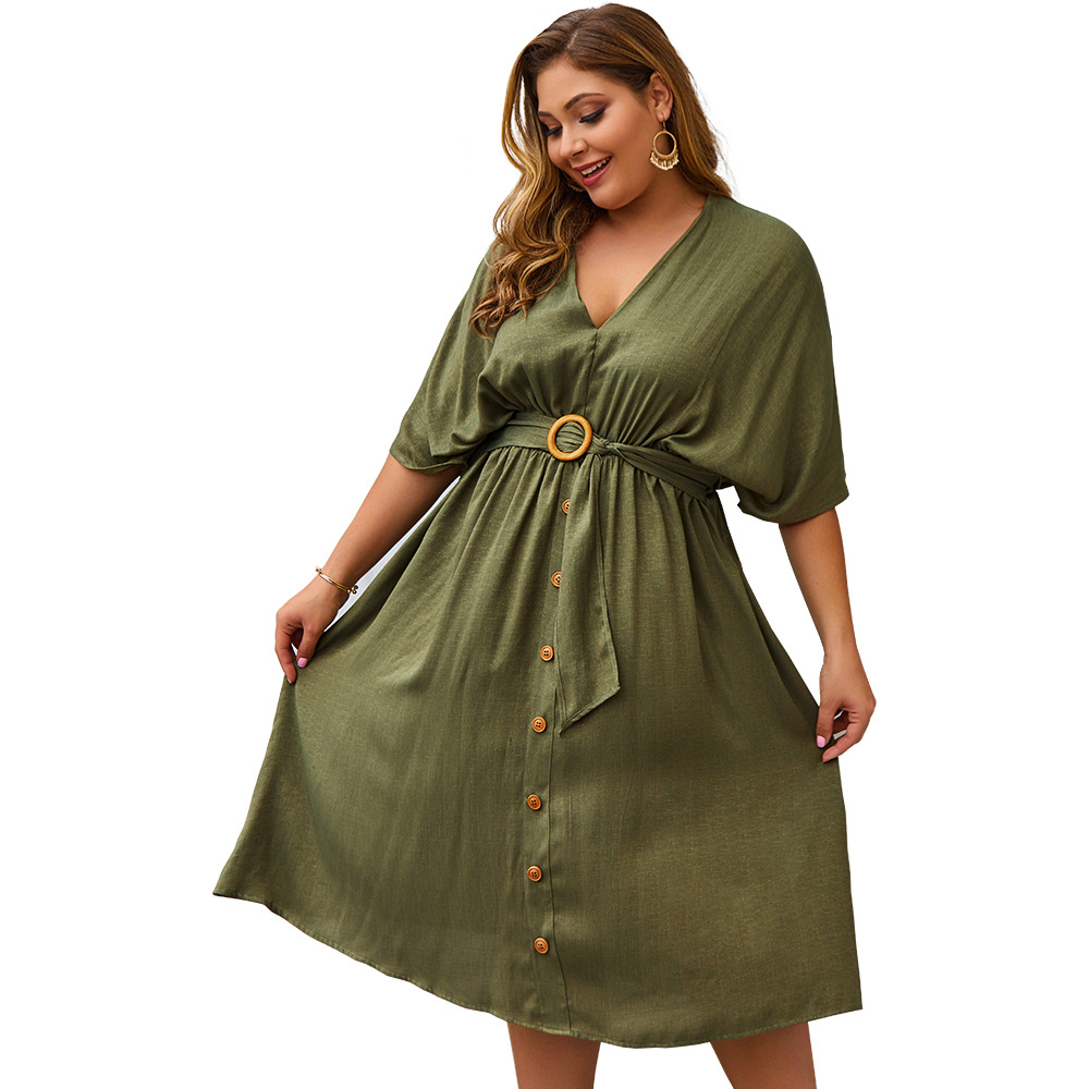 V-neck new solid color middle sleeve dress