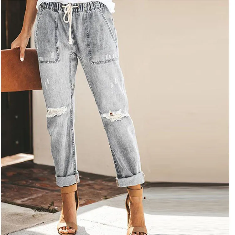 Casual straight hole trousers - Grey