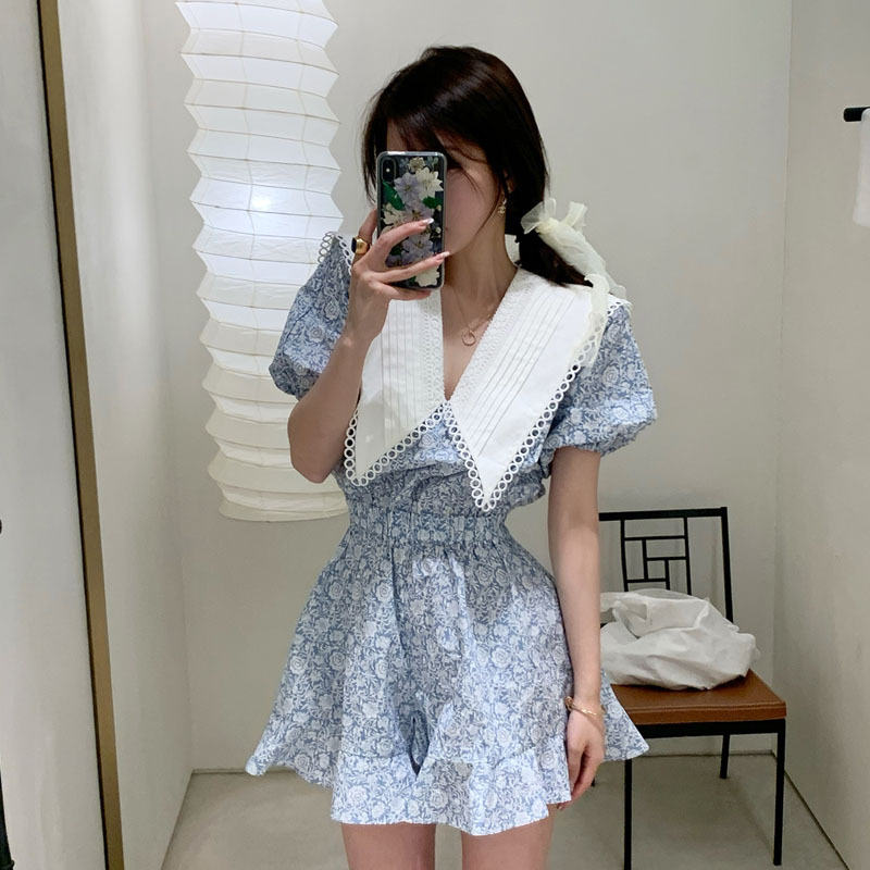 Women's lace lapel light blue jumpsuit