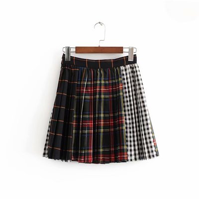 Scottish color-block check pleated skirt