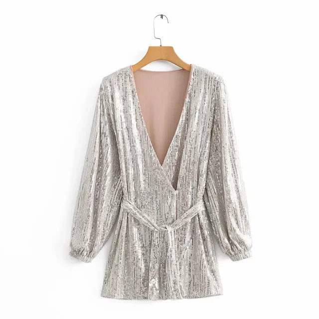 Sequined V neck dress with long sleeves Sliver - Shop at LoveMi