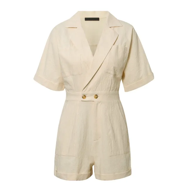 Women's suit collar denim jumpsuit Beige - Shop at LoveMi