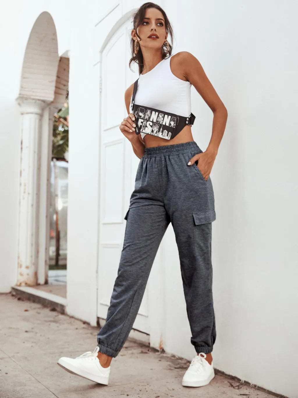 Women's sports high waist casual women's yoga pants trousers - Gray