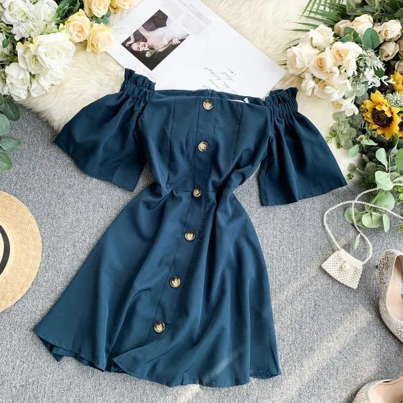 Single - breasted waist dress - Blue