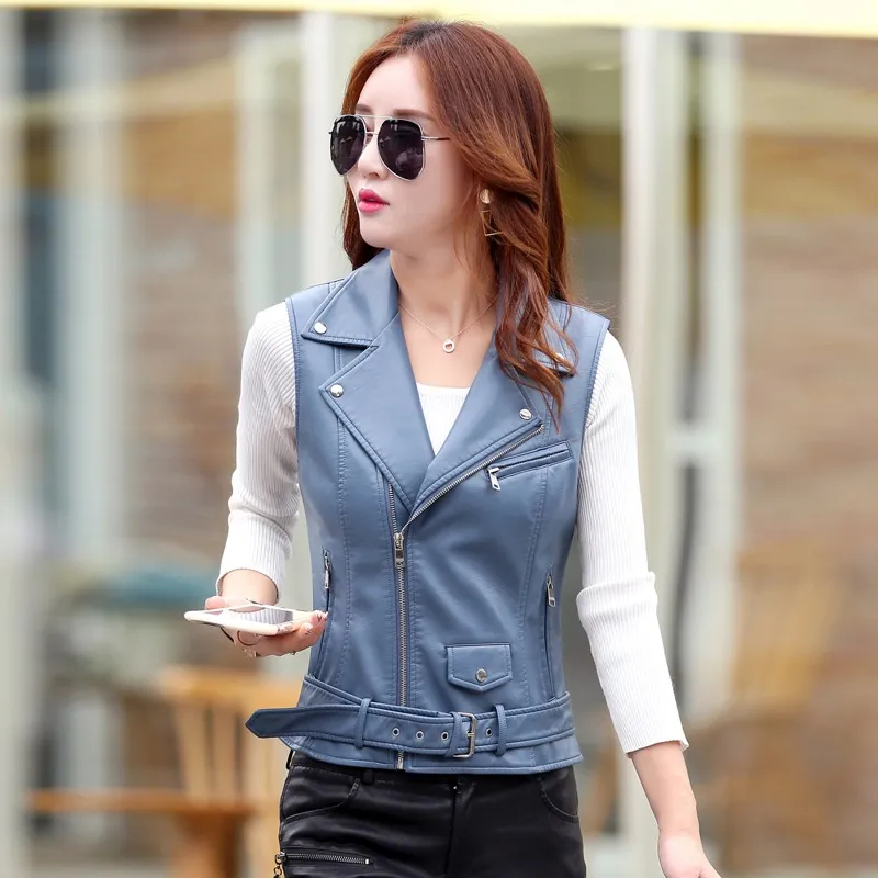 Women's short sleeveless leather vest - Sky Blue