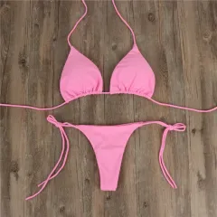 Halterneck Lace-up Bikini Women Summer Solid Color Sexy Split Strap Adjustable Swimsuit Suit - Pink - View 1