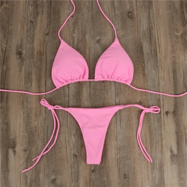 Halterneck Lace up Bikini Women Summer Solid Color Sexy Split Strap Adjustable Swimsuit Suit Pink - Shop at LoveMi