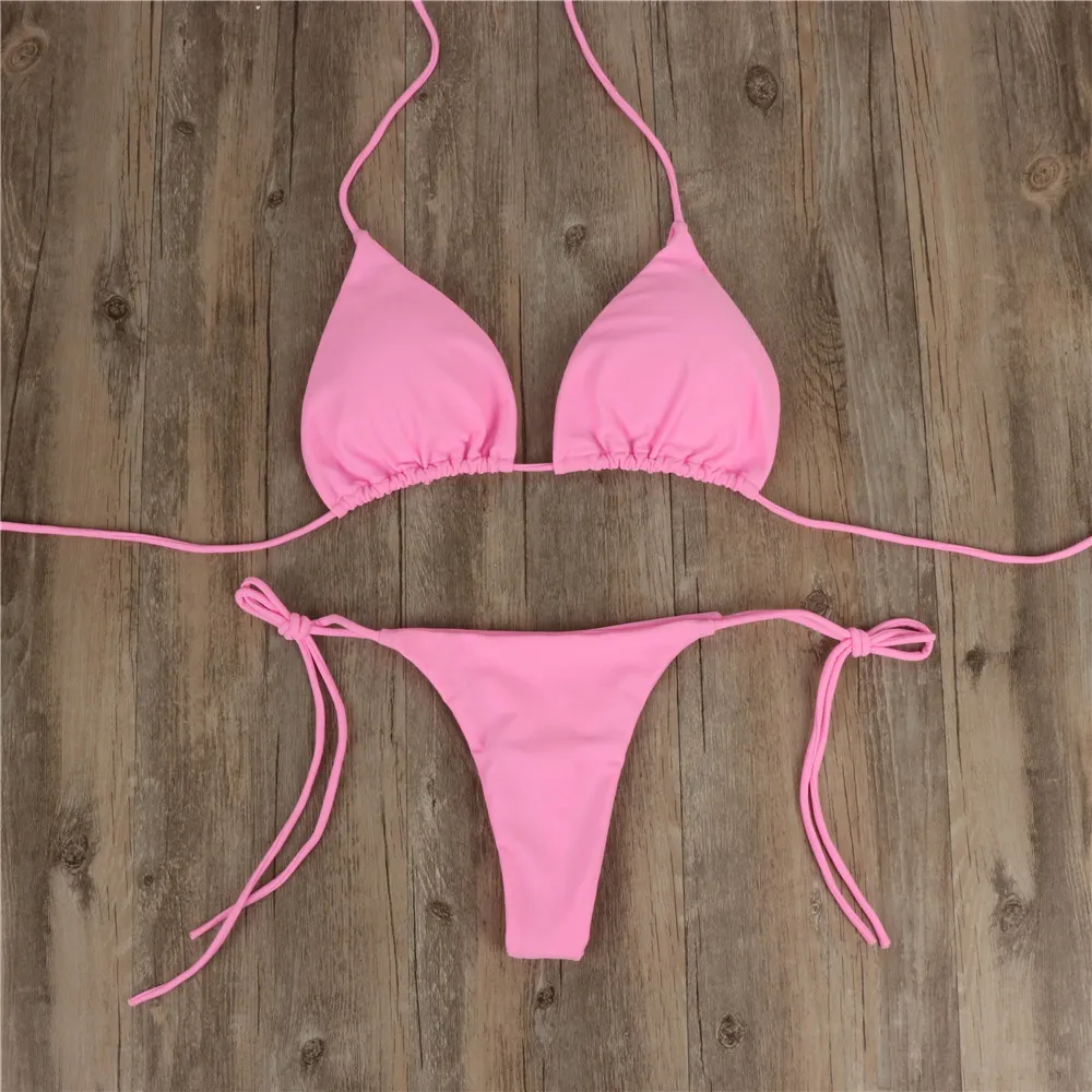 Halterneck Lace-up Bikini Women Summer Solid Color Sexy Split Strap Adjustable Swimsuit Suit - Pink