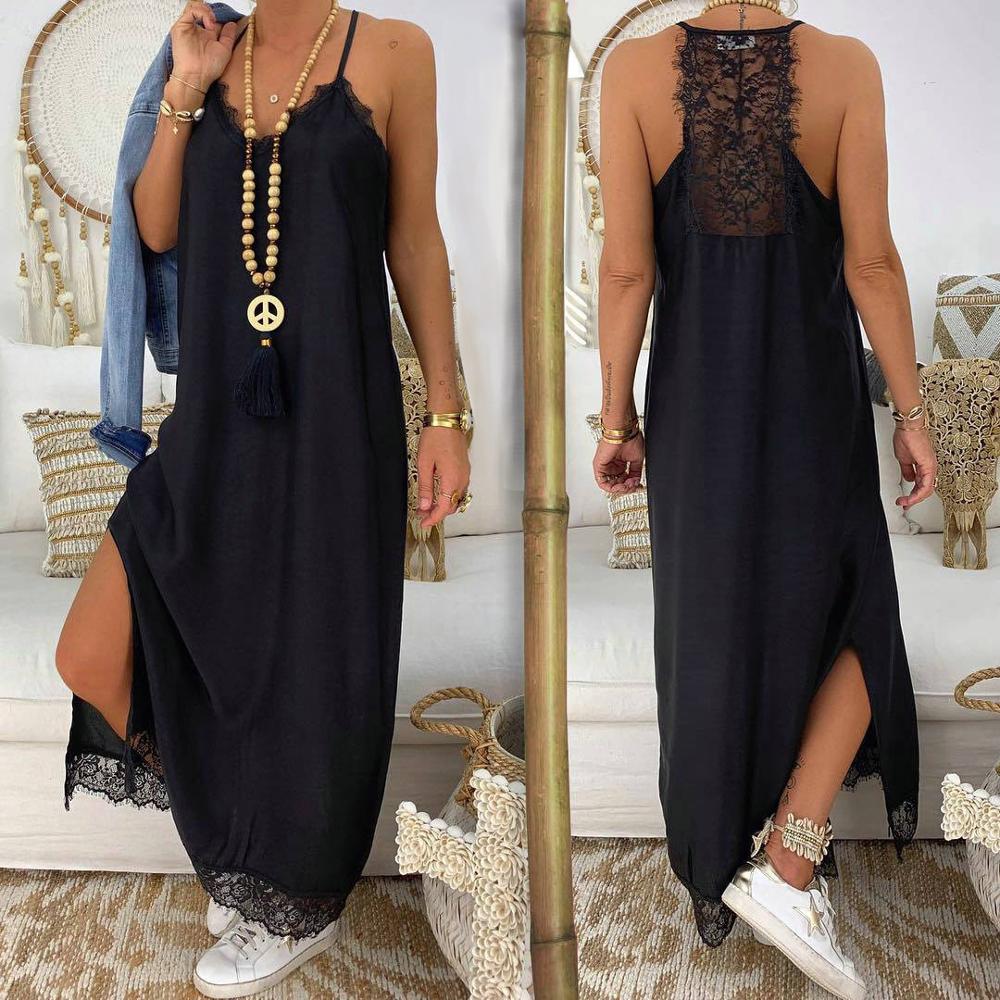 Solid color strap lace hem split dress