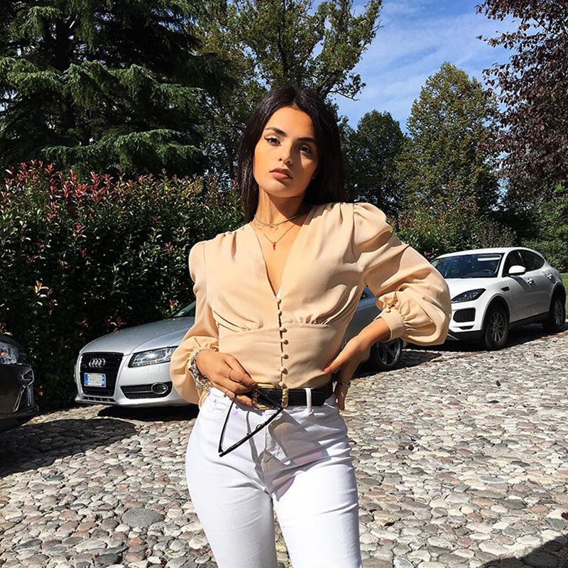V-neck breasted lantern sleeve waist jacket