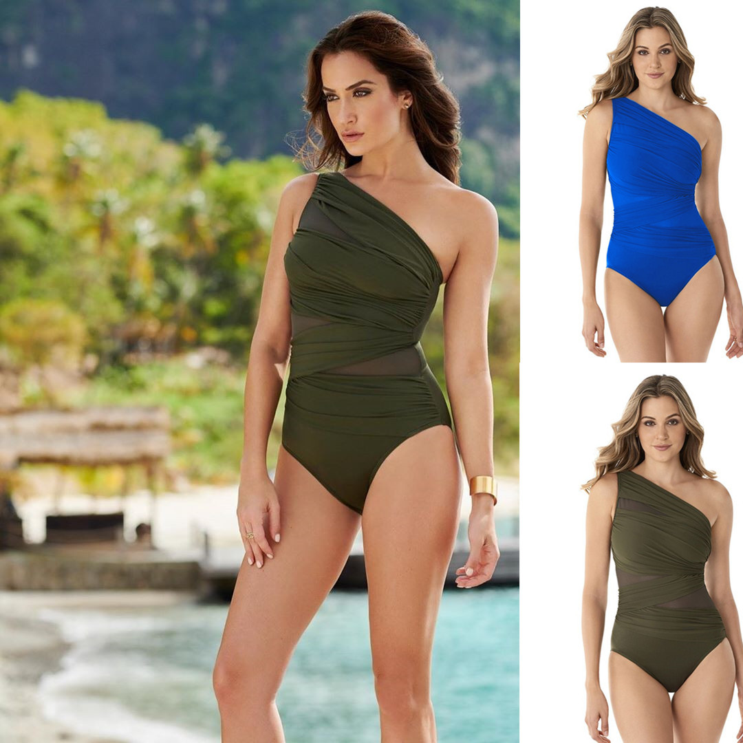 One-shoulder mesh openwork swimsuit