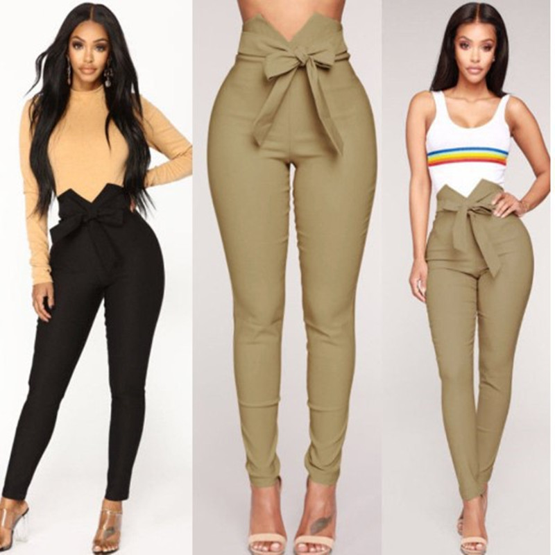 Elastic high waist lace-up casual pencil pants