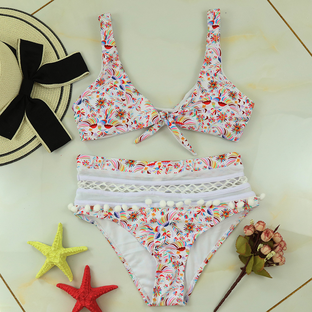 Swimsuit split floral lace tassel