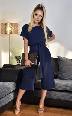 All-match lace-up short-sleeved women's jumpsuit - Dark Blue - View 1