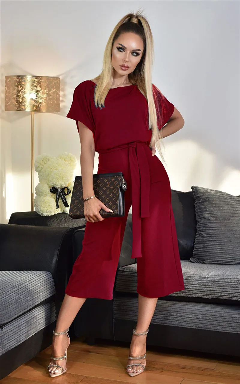 All-match lace-up short-sleeved women's jumpsuit - Red Wine