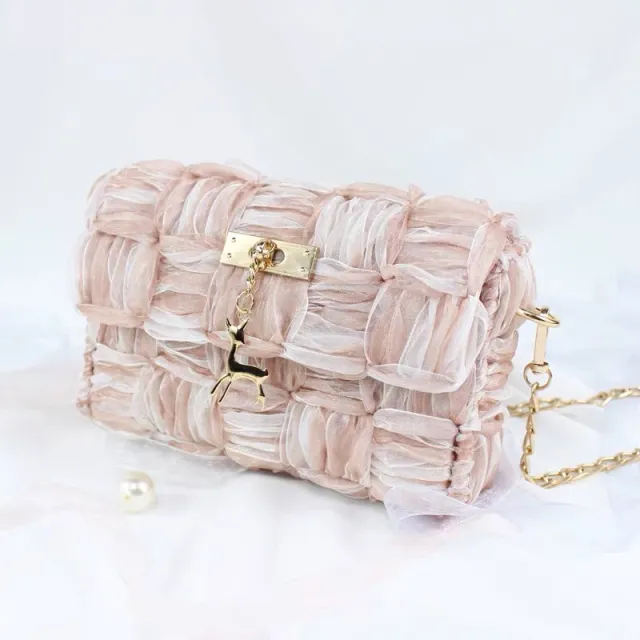 Ribbon gauze hand woven chain bag Pink - Shop at LoveMi