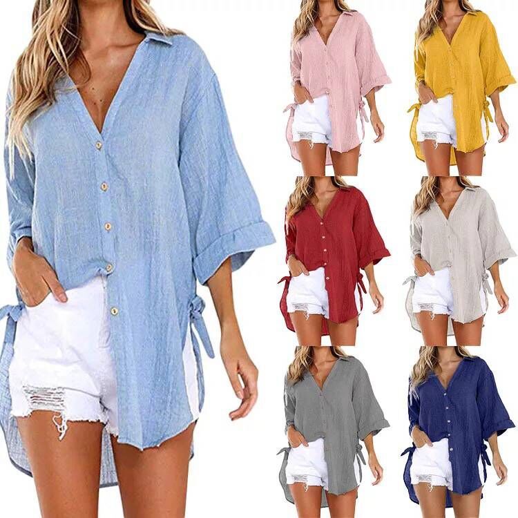 Summer casual solid color V-neck short sleeve