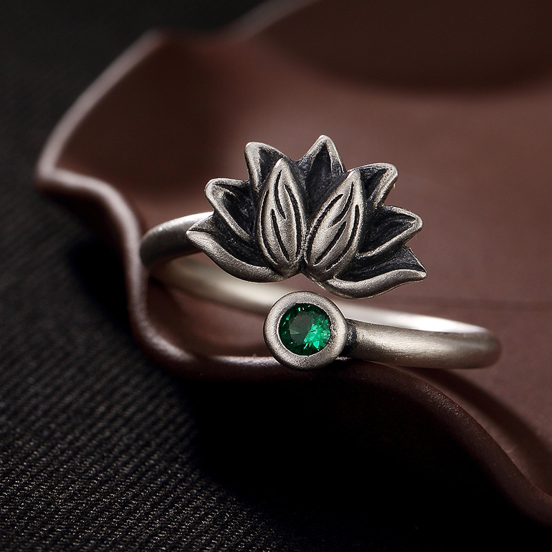 Lotus glazed mosaic opening sterling silver ring