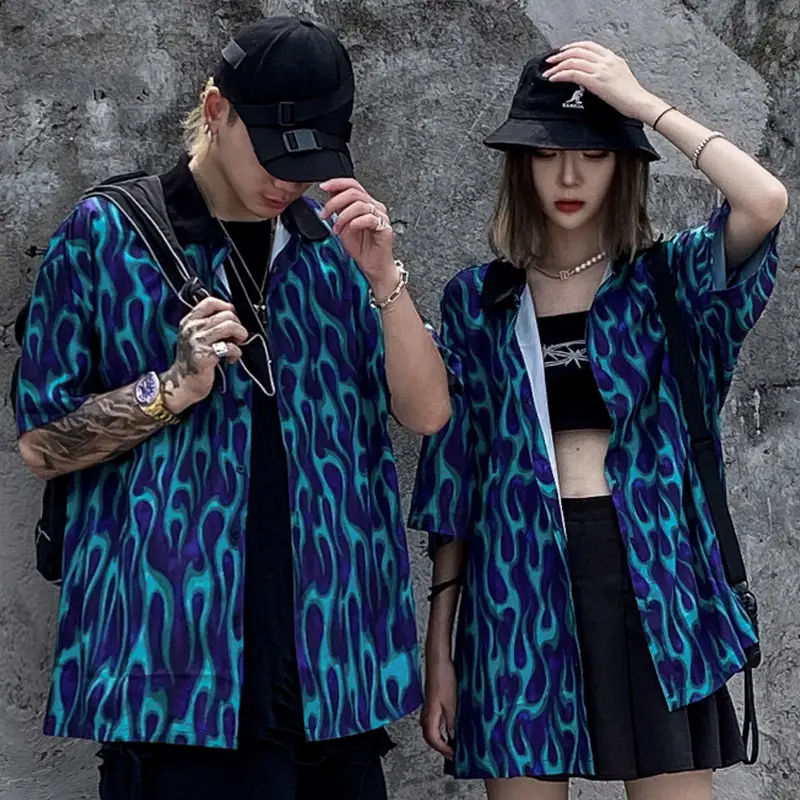 Flame Full Print Lapel Short Sleeve Shirt