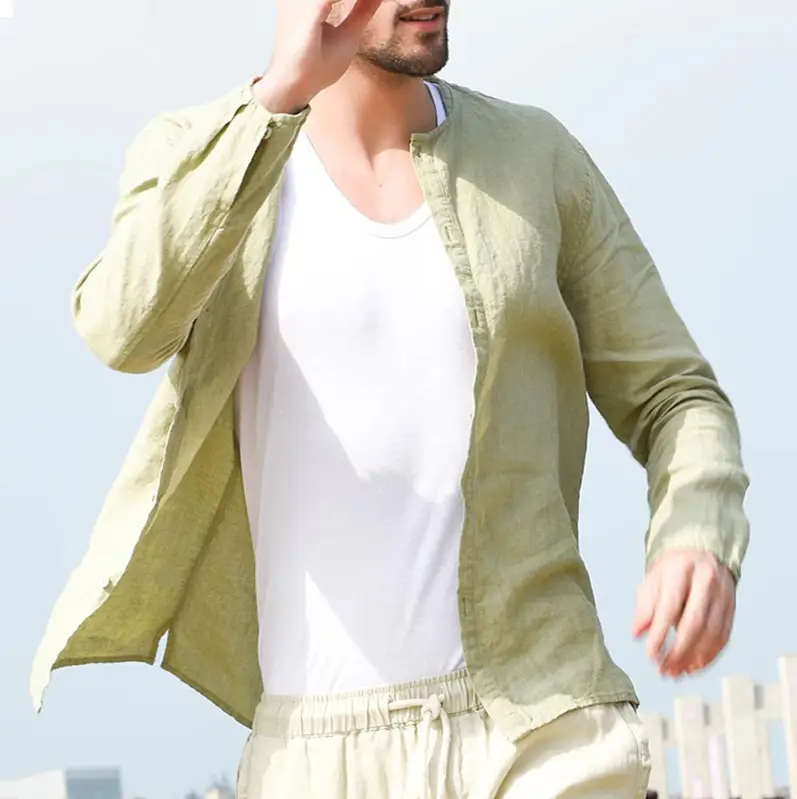 Cotton and linen men's solid color long-sleeved shirt