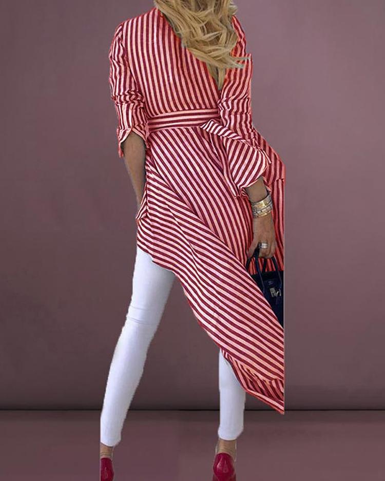 Long-sleeved striped front short back top