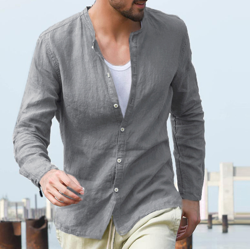 Title 1, Cotton and linen mens solid color long-sleeved...