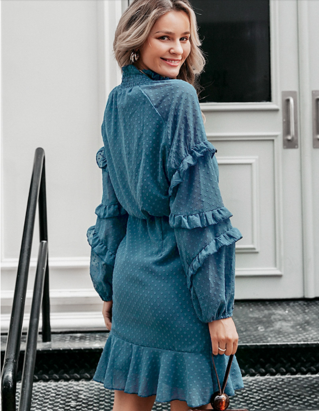 Polka Dot Ruffle Long Sleeve Waist Dress