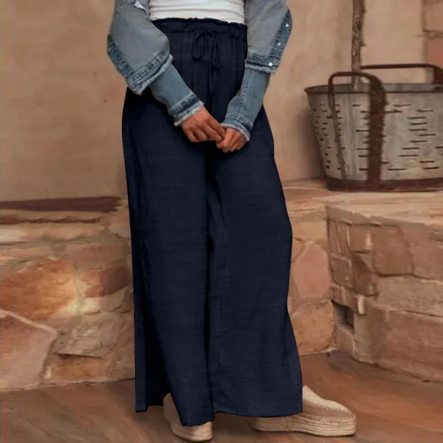 Cotton and linen loose plus size wide leg pants Blue - Shop at LoveMi