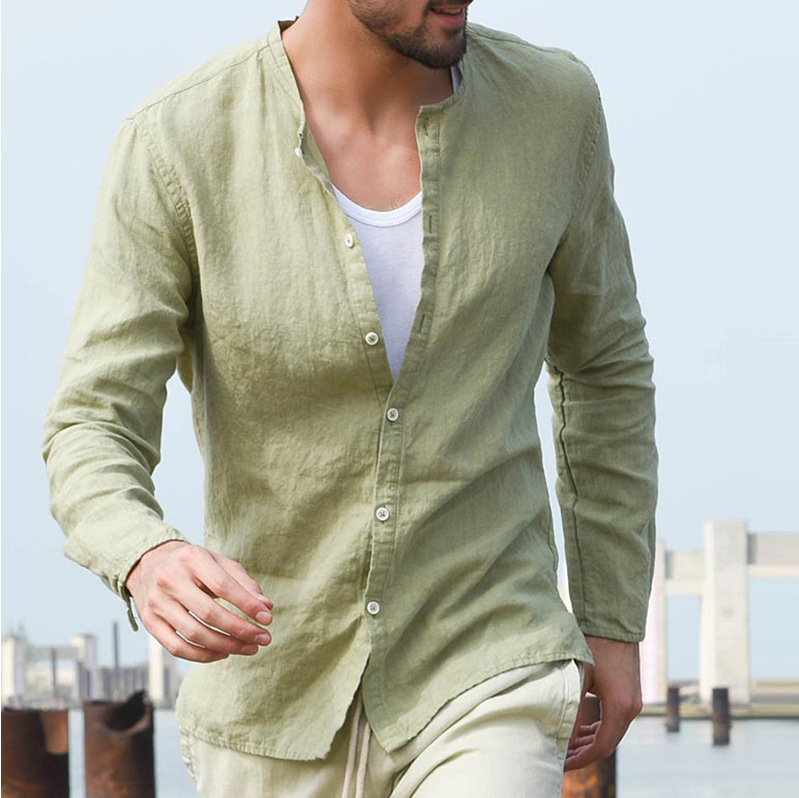 Title 2, Cotton and linen mens solid color long-sleeved...