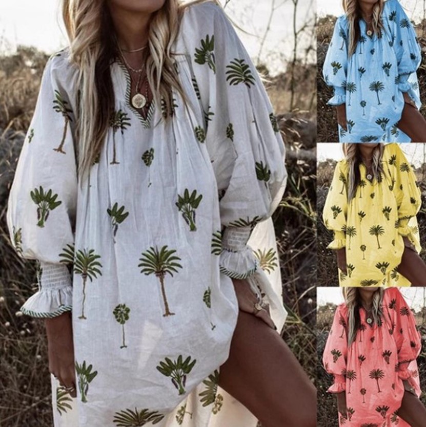 Printed lantern long sleeve dress