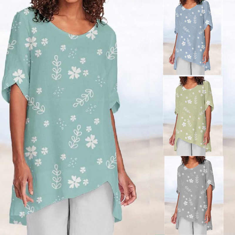 Floral print round neck five-point sleeve T-shirt