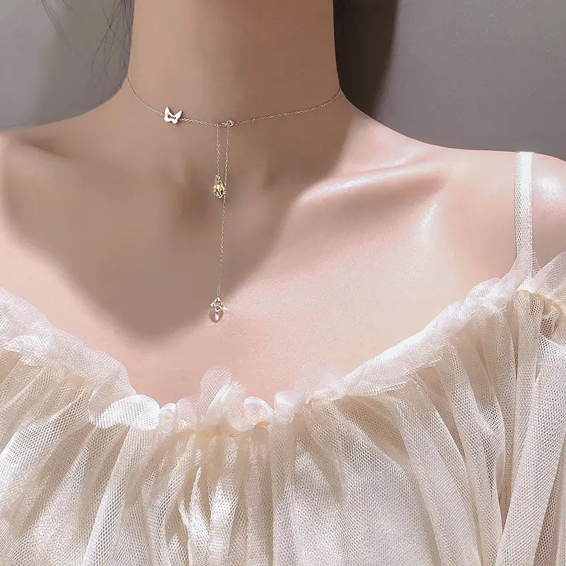 Butterfly water drop tassel necklace