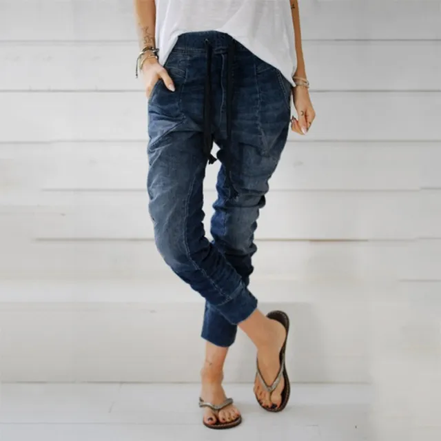Lace up denim trousers harem pants Blue - Shop at LoveMi
