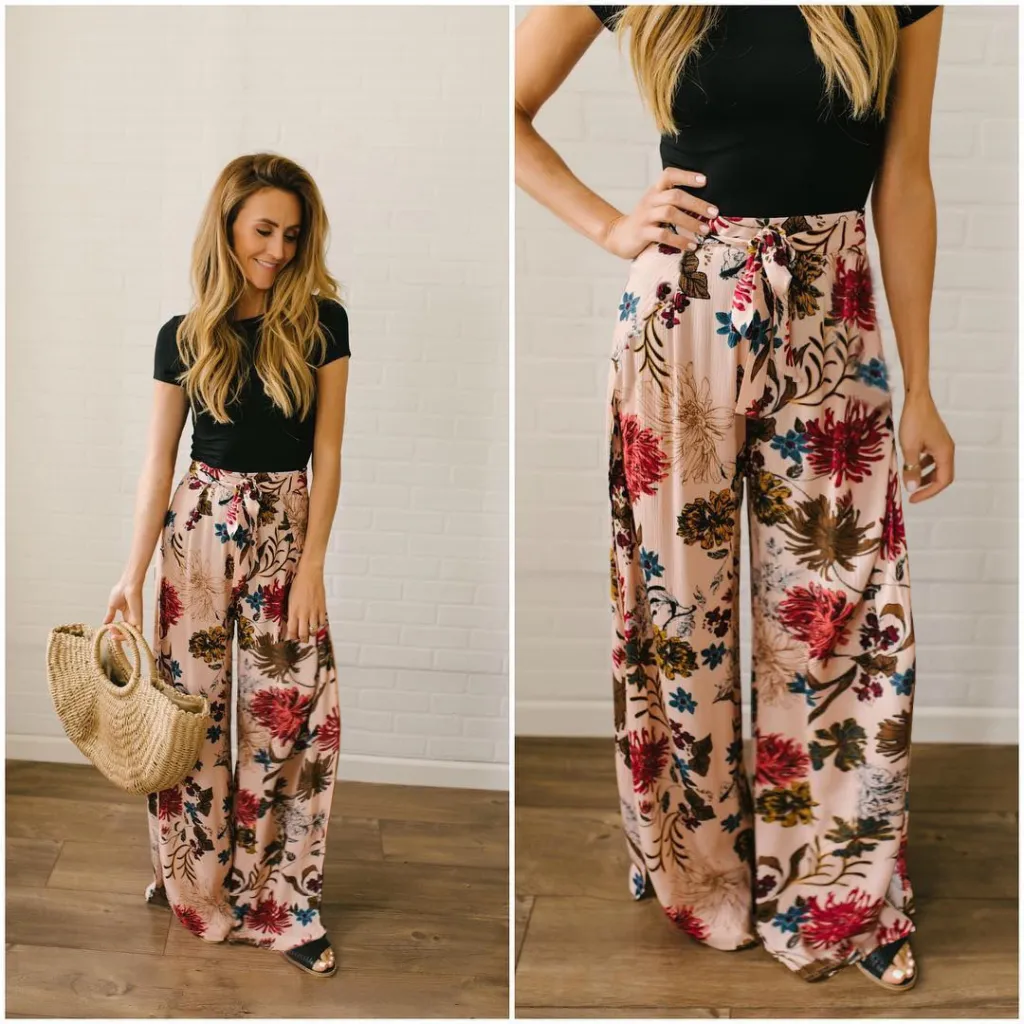 Women's summer printed wide-leg pants - Pink