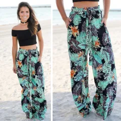 Women's summer printed wide-leg pants - Black - View 1