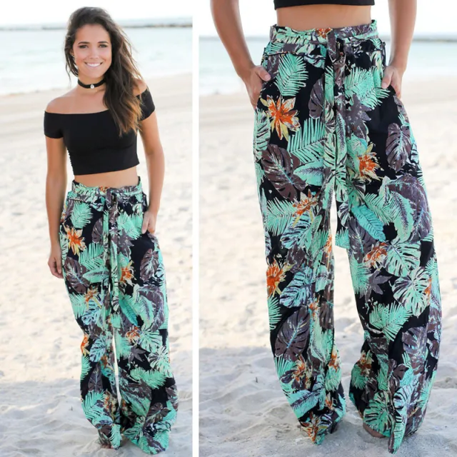 Women's summer printed wide leg pants Black - Shop at LoveMi