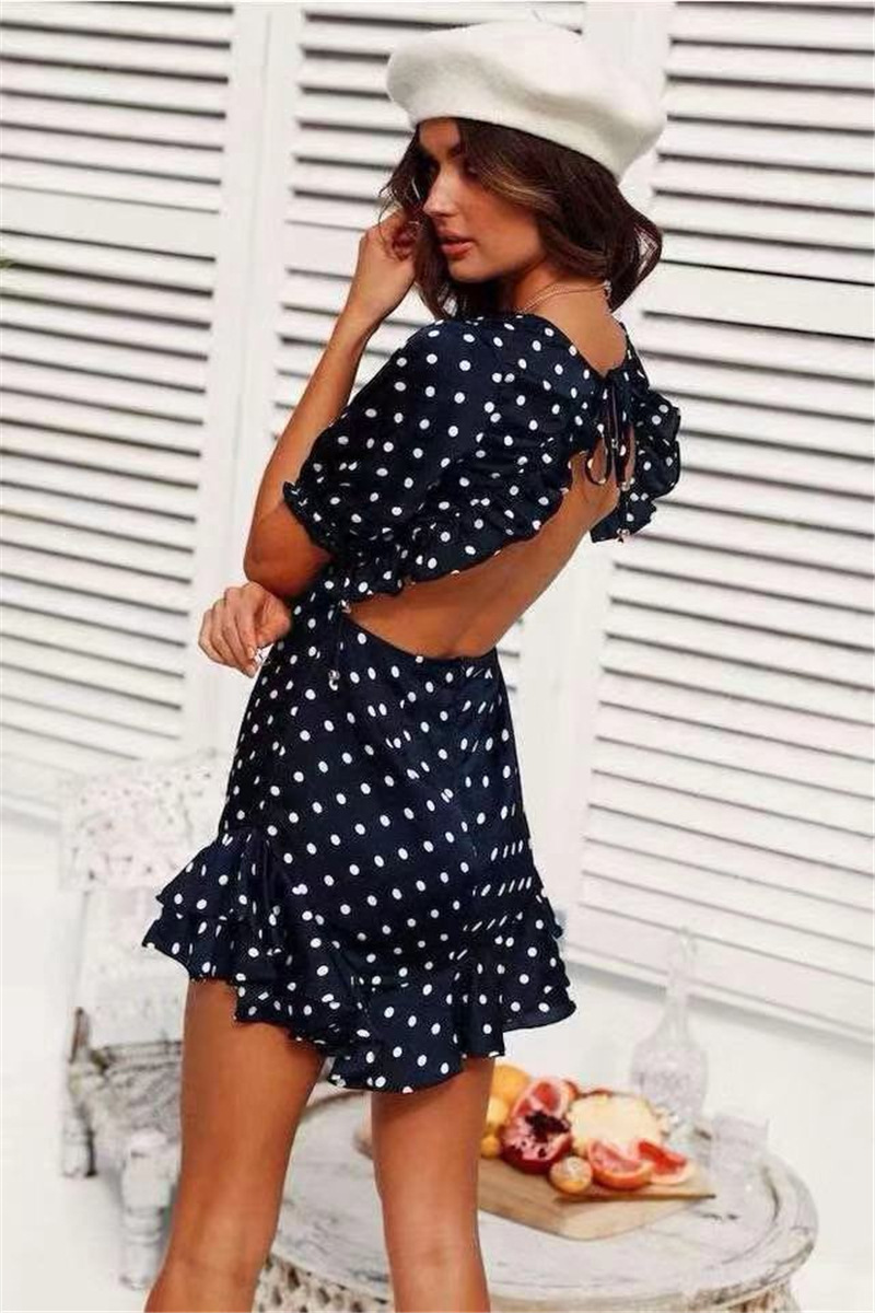 V-neck halter polka dot ruffled short-sleeved beach dress